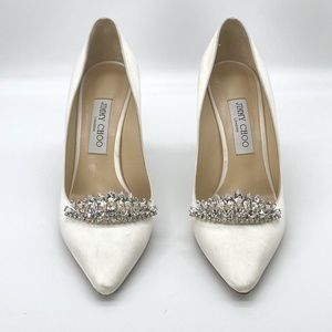 Jimmy Choo Women's White Romy 85 Ivory Satin Pointy Toe Pumps With Crystal Tiara